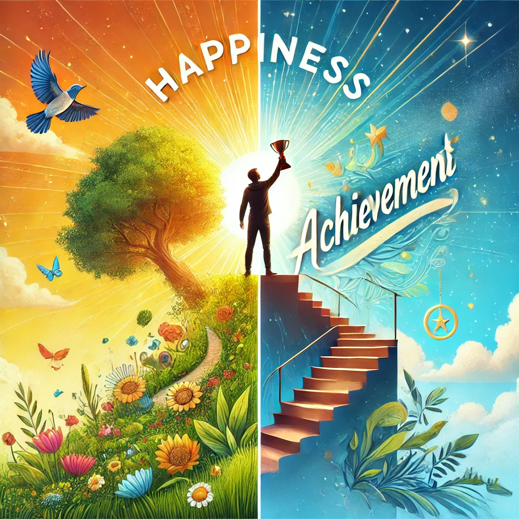 A-professional-and-visually-appealing-illustration-split-into-two-halves.-On-the-left-side-it-symbolizes-happiness-with-vibrant-uplifting-imagery-su.Michael Esposito Staten Island's Insights on  Happiness and Achievement